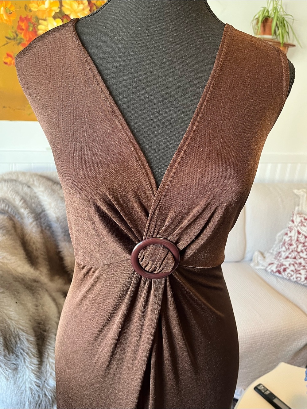 Women’s Y2K Brown Sleeveless V-Neck Ring-Detail Dress - Size Large - Picture 3 of 9